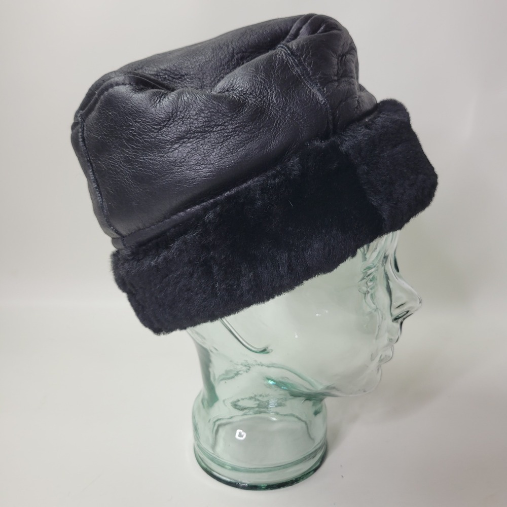 Black Sheepskin Leather Cossack Hat Shearling Trim Winter Pillbox Cap Medium - Picture 4 of 7
